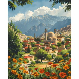 Paint by Numbers Kit for Adults, Traditional Village Paint by Numbers with Paintbrushes and Acrylic Pigment, Mountains and Vibrant Flora Paint by Numbers Kit for Adults Beginner 16x20 Inch Frameless