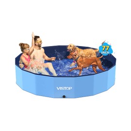 VISTOP Jumbo Foldable Dog Pool, Hard Plastic Shell Portable Swimming Pool for Dogs Cats and Kids Pet Puppy Bathing Tub Collapsible Kiddie Pool (77inch.D x 15.7inch.H, Blue)