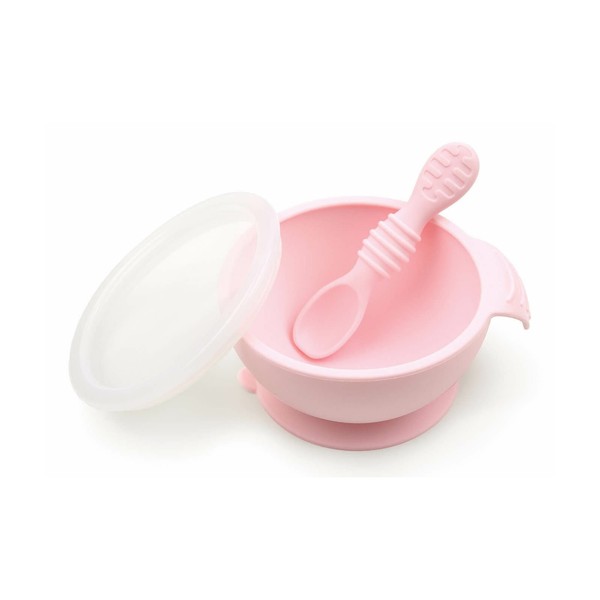 Bumkins Silicone First Feeding Set with Lid & Spoon Pink