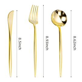 LULLABY 300PCS Gold Plastic Silverware, Heavy Duty Disposable Utensils, Gold Plastic Cutlery Set Include 100 Forks, 100 Spoons, 100 Knives, Perfect Flatware for Party Wedding and Daily Use