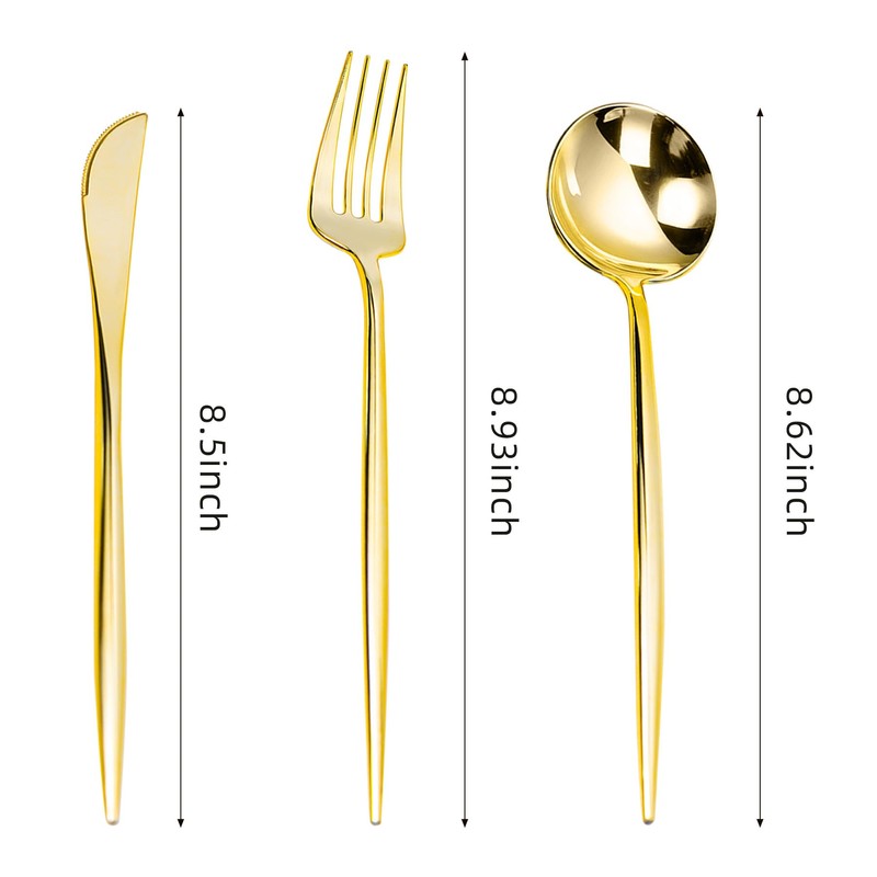 LULLABY 300PCS Gold Plastic Silverware, Heavy Duty Disposable Utensils, Gold