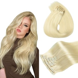 Worldstar Seamless Clip in Hair Extension Blond Invisible Hair Extensions Clip Ins #60 Platinum Blonde PU Weft Clip in Human Hair Extensions Add Volume Natural Ends 16 Inch 6 PCS 110 G (pu#60-16）