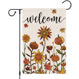 Heyfibro Welcome Fall Garden Flag 12 x 18 Inch Vertical Double Sided Burlap, Autunm Pumpkin Sunflower Yard Flags for Thanksgiving Rustic Seasonal Outside Outdoor House Decoration (ONLY FLAG)
