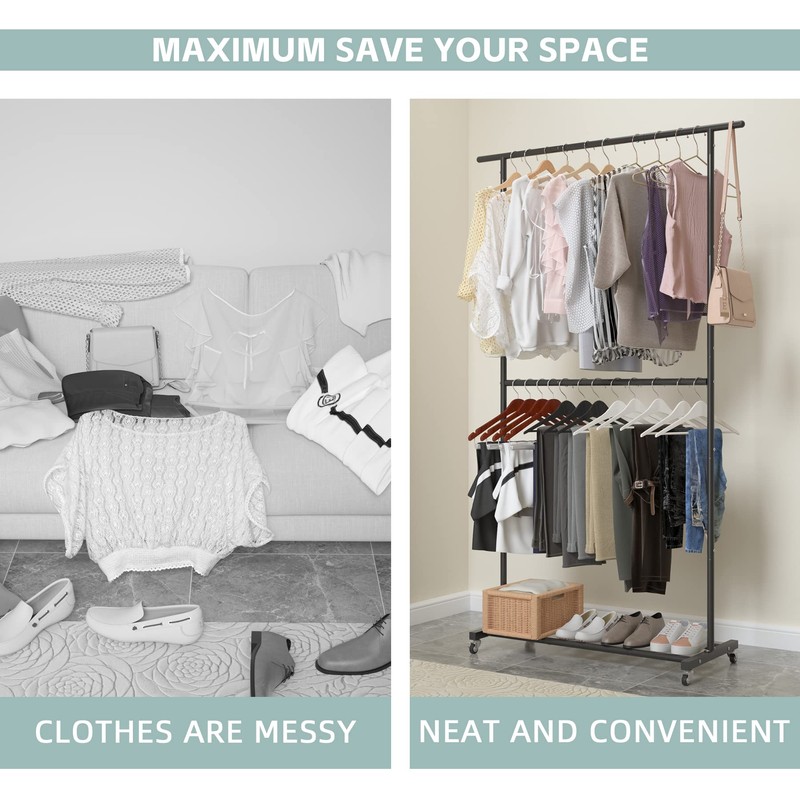 Sywhitta Double Rod Clothing Garment Rack, Rolling Clothes Organizer on
