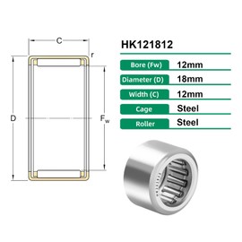 HiPicco Drawn Cup Needle Roller Bearings, 10pcs HK121812 Open End Caged Bearing, 12mm Bore, 18mm OD, 12mm Width ST14 Steel Single Row Roller