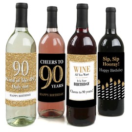 Adult 90th Birthday - Gold - Birthday Party Gift for Women and Men - Wine Bottle Label Stickers - Set of 4