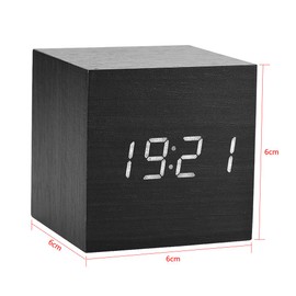 Topiky Hölzerner digitaler Wecker, 6x6x6cm Cube LED Display Tischuhr Unterstützung Temperaturanzeige und Sprachsteuerung für Schlafzimmer, Haus, Schlafsaal(Schwarz)