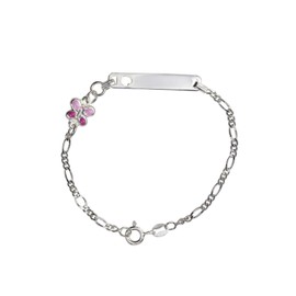Aka Gioielli® - Children's ID Bracelet 925 Sterling Silver with Pink Enamel Butterfly and Cut-Out Heart, Gift for Girls, Sterling Silver, Without Stone