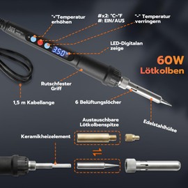 60W Digital Soldering Iron Kit with Threaded Insert Tips and 100pcs M3x4x4.5 Thread Inserts