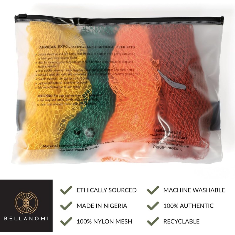 Esponja de baño africana exfoliante Bellanomi, set de 4 piezas