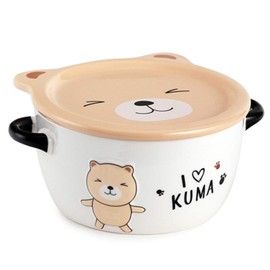 Ceramic Bowl with Lid and Mini Handles, I Love Kuma Bear Design Dish for Noodles, Soup, Rice, 5 3/4 Inches