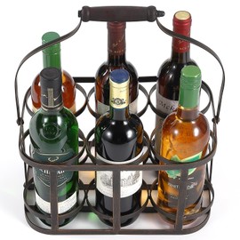 Metal Wine Bottle Carrier, 6 Bottle Wine Basket, Wine Caddy Rack with Wood Handle, Vintage Metal Wine Storage Basket Bottle Holder, Farmhouse Decorative Wine Display Stand for Bar BBQ Picnic Milk
