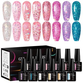 MEET ACROSS Glitter Gel Nail Polish Set 8 Colors Sequins Gel Polish Kit Sparkly Shiny Gel Nail Polish Pink Purple for Home DIY Manicure Nail Salon at Home 12PCS