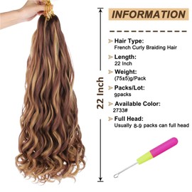 9 Packs French Curls Braiding Hair Pre Stretched Bouncy Loose Wavy Braiding Hair 22 Inch Black French Curly Braids Hair Synthetic Crochet Braids Hair For Box Braids Hair Extension For Women（22 Inch,2733#）