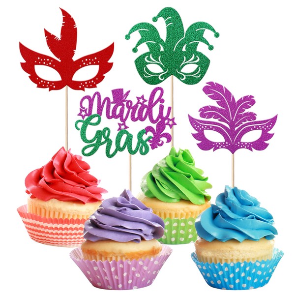 Paquete de 24 adornos para cupcakes de Mardi Gras, con purpurina, para fiestas de nacimiento, cumpleaños, decoración de tartas, suministros de fiesta, coloridos