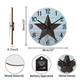 15 Inch Round Wall Clock Western Texas Star Decorative Wall Clock Vintage Wood Clock Non-Ticking Battery Operated Silent Easy to Read Vintage Time Clock for Living Room Patio Farmhouse Home Decor