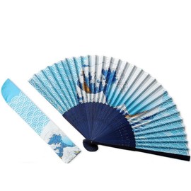 Kyoyu K-125 Silk Fan, Openwork Pattern, Bag Included, Wave, Blue
