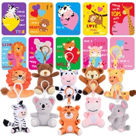 Valentine's Day Cards with Plush Keychains 20-Pack，Stress Relief Small Stuffed Animals Set，Cute Plushie Animal Toys for Kids，Valentine Exchange Cards for Students，Classroom Gifts & Party Favors