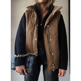 EVALESS Womens Fall Fashion 2024 Cropped Puffer Vest Lightweight Quilted Stand Collar Sleeveless Jackets Button Zip Up Vacation Outfits Winter Warm Coats Outerwear with Pockets Brown Medium