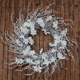 BINFEN 20 Inch Snow Flocked Twig Winter Wreath with White Flowers- Artificial Winter Wreaths for Front Door Porch Wall Window Porch Fireplace Indoor Outdoor Decor Christmas Decorations (20")