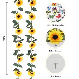 BLEUM CADE 2 Pack Artificial Sunflower Garland Decor, Sunflower Vines Hanging Flowers Garland with Green Leaves, Fake Yellow Floral Vines Room Wedding Party Decoration