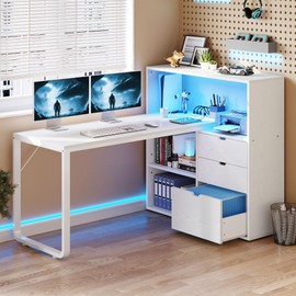 YITAHOME L Shaped Desk with Power Outlets, 55" Computer Desk with Drawers & Bookshelf, Home Office Desk with LED Lights, Corner Desk with File Cabinet, White