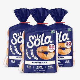SOLA Low Carb & Keto Friendly Bagels, Blu-berry - 5g Net Carbs & 15g of Protein, No Added Sugar, Low Calorie Bagels - 12 oz (4 Bagels/Pack) (Pack of 3)