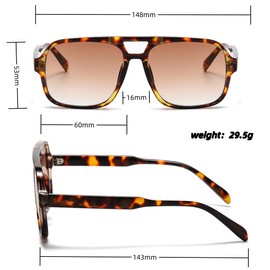 QVKUT Retro Quadratische Übergroßes Design Sonnenbrille für Damen Herren, 70er Jahre Vintage Trendy Gläser Klassisch mit doppelter Brücke UV400 Schutz (Leopard/Tee)