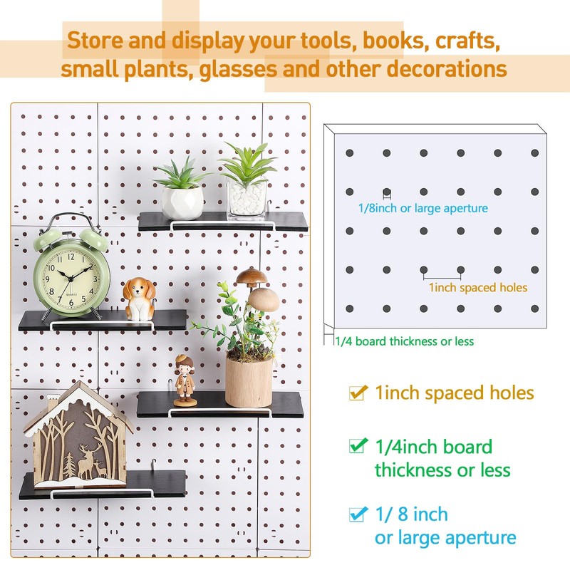 Wonderjune 4 Pcs Wooden Pegboard Shelves with Metal Pegboard Shelf