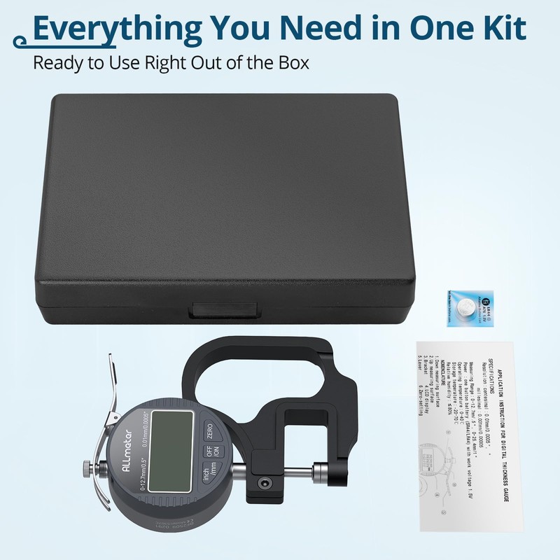 ALLmeter Digital Thickness Gauge, 0.01mm Resolution, 0-12.7mm Range