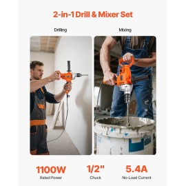 1/2 Inch Corded Electric Drill Mixer Set 0-850RPM 5.4A Power Drills with D-Handle Mixing Drills Machine D-Handle DriDrill Chuck Diameter: 1/2 inch, Power: 1050W