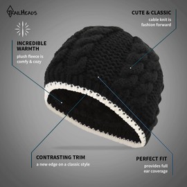 TrailHeads Women’s Cable Knit Beanie with Fleece Lining | Winter Hat - Black/Wintry White