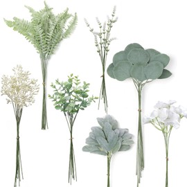 YXZZWL Artificial Greenery Stems Box Set,75 Pcs with 7 Kinds of Faux Greenery Branches Fake Eucalyptus for Wedding DIY Bouquets Floral Arrangement Table Centerpieces (Dusty Green & Beige)