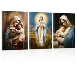 ZXHYWYM Virgin Mary Canvas Wall Art 3 Pieces Jesus Mother Painting Prints Catholic Spiritual Pictures Wall Decor for Office Church Prayer Room Framed(2, (11.00" x 14.00" x 3PCS))