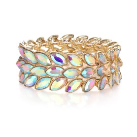 EVER FAITH Rhinestone Art Deco Wrist Jewelry for Prom 3 Marquise Crystal Leaf Elastic Stretch Bracelet Iridescent AB Gold-Tone