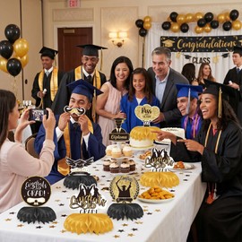 NUOM Decorazioni Laurea Nido d’Ape Nero e Oro 9 Pezzi, Centrotavola 3D Carta Pieghevole Riutilizzabile, Fiori Decorativi Tavolo Festa Laurea, Allestimenti Eleganti e Moderni