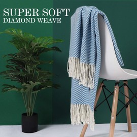 PiccoCasa Decorative Throw Blanket with Fringes in Herringbone Design, Farmhouse Outdoor Faux Cashmere Throws for Sofa, Chair, Bed Knitted Decorative Blanket 130x170cm/ 51"x61" Blue