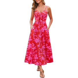 Kranda Resort Summer Dresses for Women 2025 Spring Spaghetti Strap Wedding Sundress Sleeveless High Waist Tie Front V Neck Smocked Ruffle Boho Beach Long Floral Maxi Dress with Pockets Red S