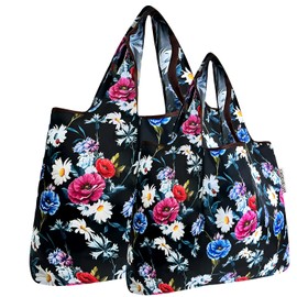 allydrew Large & Small Foldable Tote Nylon Reusable Grocery Bags, Set of 2, Midnight Bouquet