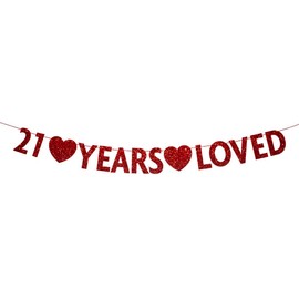 Red 21 Year Loved Banner, Red Glitter Happy 21st Birthday Party Decorations, Supplies
