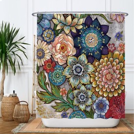 Ulticool Shower Curtain - Colourful Flowers Nature Art - 180 x 200 cm - Washable - Anti Mould - Waterproof - with 12 Rings - Red Green Blue Brown Yellow