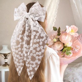 VOBOBE 2PCS Hair Bows for Women Girls, White Yellow Big Lace Tulle Bows for Girls with Long Tails Coquette Hair Accessories with Barrettes Clips for Wedding Birthday (White+Yellow)