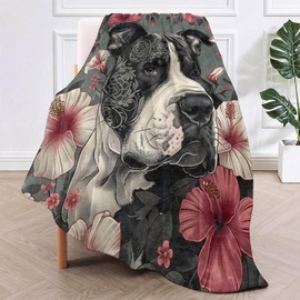 TRYYN Floral Pitbull Throw Blanket for Couch Picnic Camping Bedroom Decor, Flower Artistic Dog Hibiscus Blooms, Super Soft Cozy Plush Fluffy Fleece Blankets Gifts for Puppy Lovers, 60x50 Inch