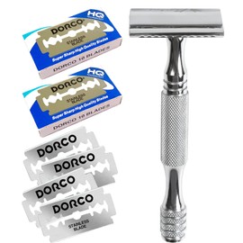 Kazakiri W Zeneus Silver Men's Genuine Close Shaving Double-Edge Razor, Main Unit with 20 Replacement Blades