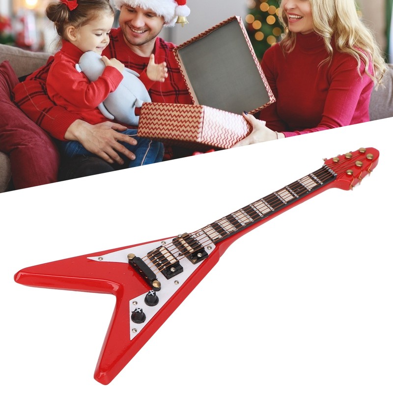Red Miniature Electric Guitar Replica Wooden Mini Musical Instrument Model