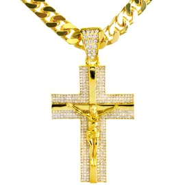 metaltree98 NEW Men's 14K Gold & Silver Plated Iced Cross Jesus Pendant 30" Heavy Cuban Chain Necklace HC 6010 (Gold)