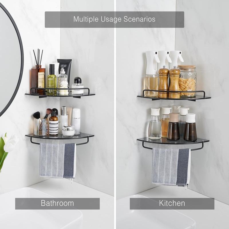 Voldra 2 Pack Glass Corner Shower Shelf for Bathroom Black