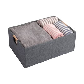 Fabric Storage Bin 3 Pack Foldable Cotton Linen Storage Basket with Wooden Handles Rectangular Cube Box - Gray, Large