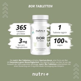Nutri + Bor Tabletten 365x - 3 mg aus hochwertigem Borax - hochdosiert + vegan - frei von Füllstoff & Zusatzstoffen – laborgeprüft - Jahresvorrat
