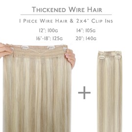 WENNALIFE Wire Hair Extensions (Increase 50% Lifespan) Real Human Hair 16 inch 125g Ash Blonde Highlighted Platinum Blonde Remy Real Hair Extensions Invisible Wire Human Hair